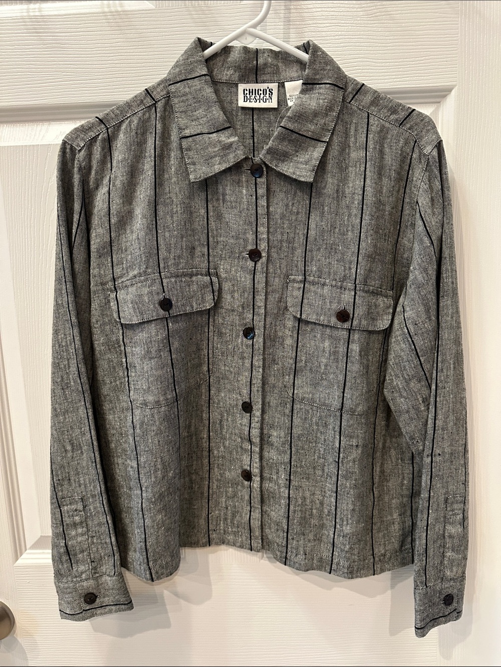 Chico's Gray Black Pinstripe Button-Front Linen Jacket NWT size 1 equiv to M/8